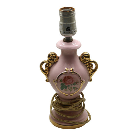 Vintage Pink Lamp with Floral Print & Ornate Trim – Charming Accent Piece!