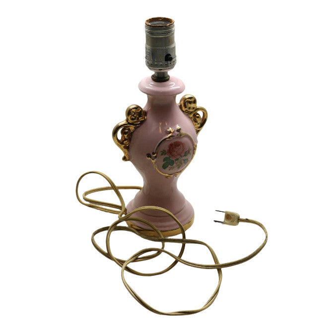 Vintage Pink Lamp with Floral Print & Ornate Trim – Charming Accent Piece!
